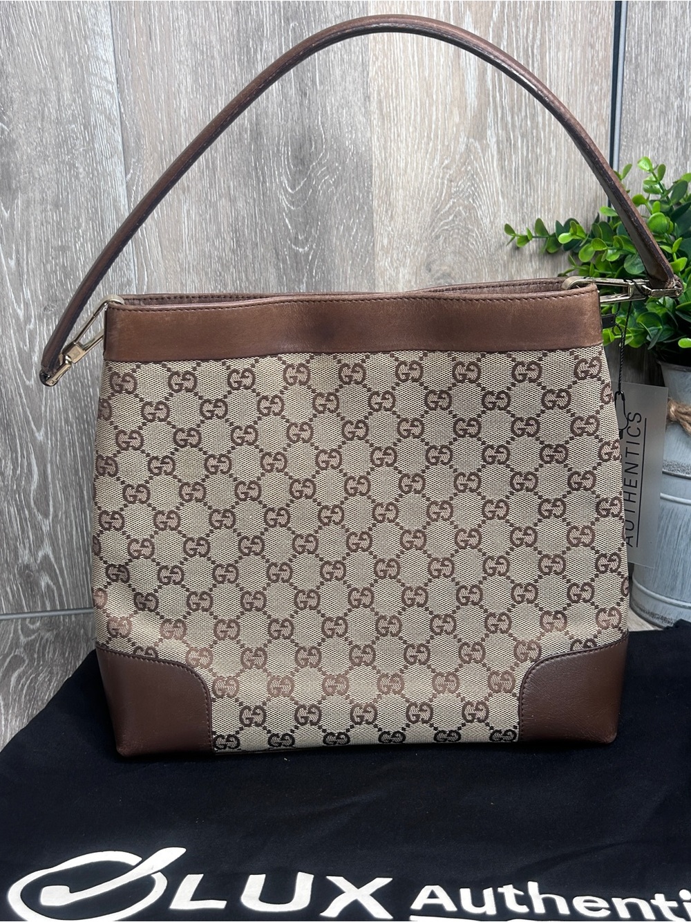 Gucci GG Canvas Shoulder Bag Brown Leather Trim Authentic Vintage Purse